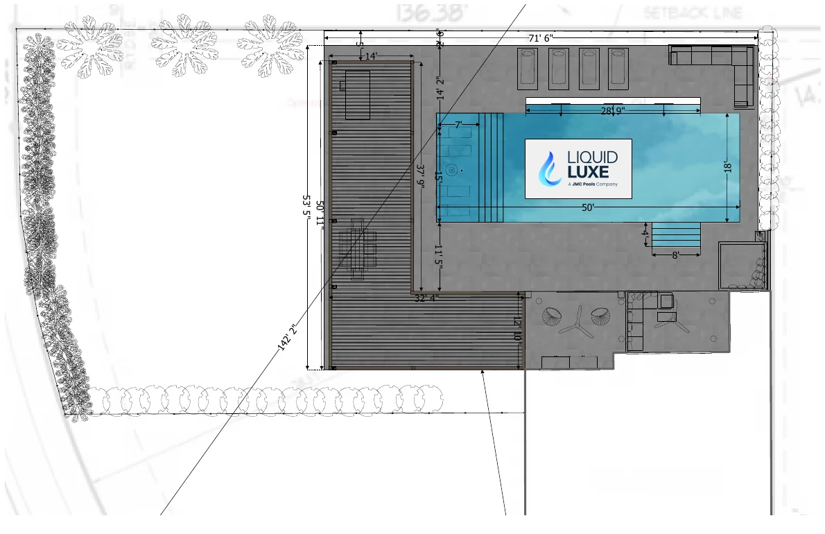 Site plan showing the pool, deck, pergola and fence over the property survey